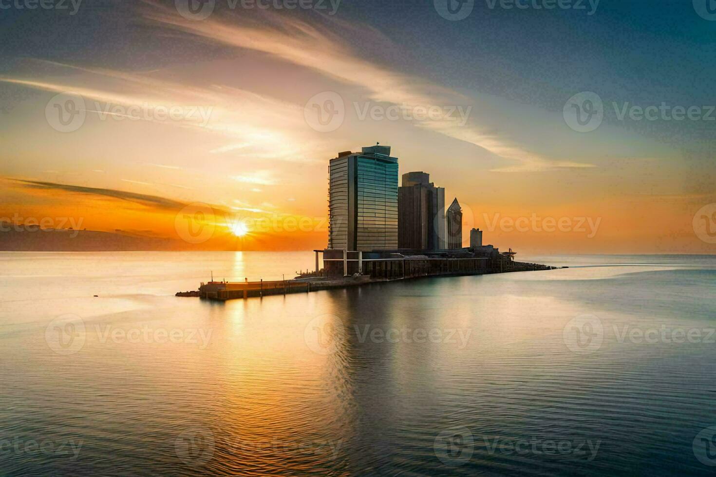 the sun sets over a city skyline in the middle of the ocean. AI-Generated photo