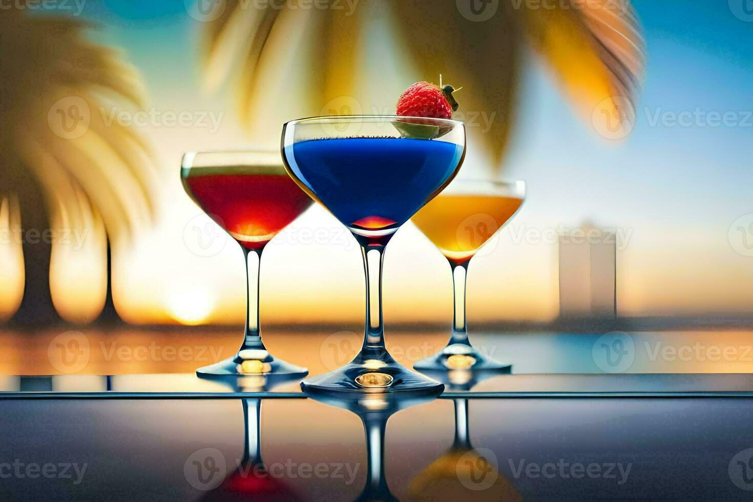 three glasses of colorful drinks on a table. AI-Generated photo