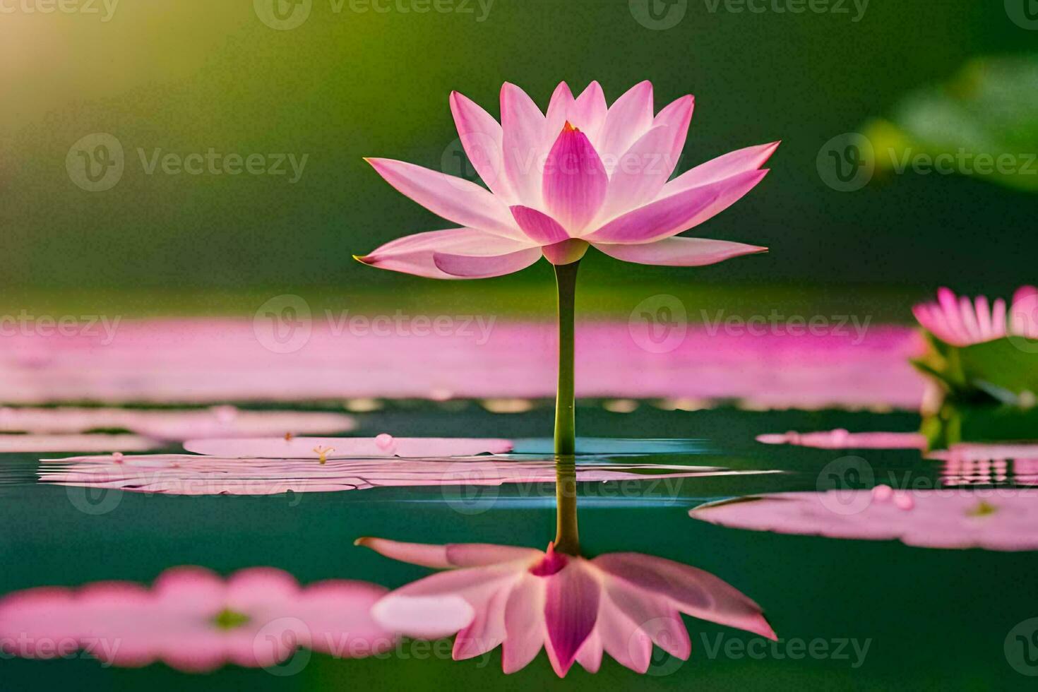 a pink lotus flower is reflected in the water. AI-Generated photo