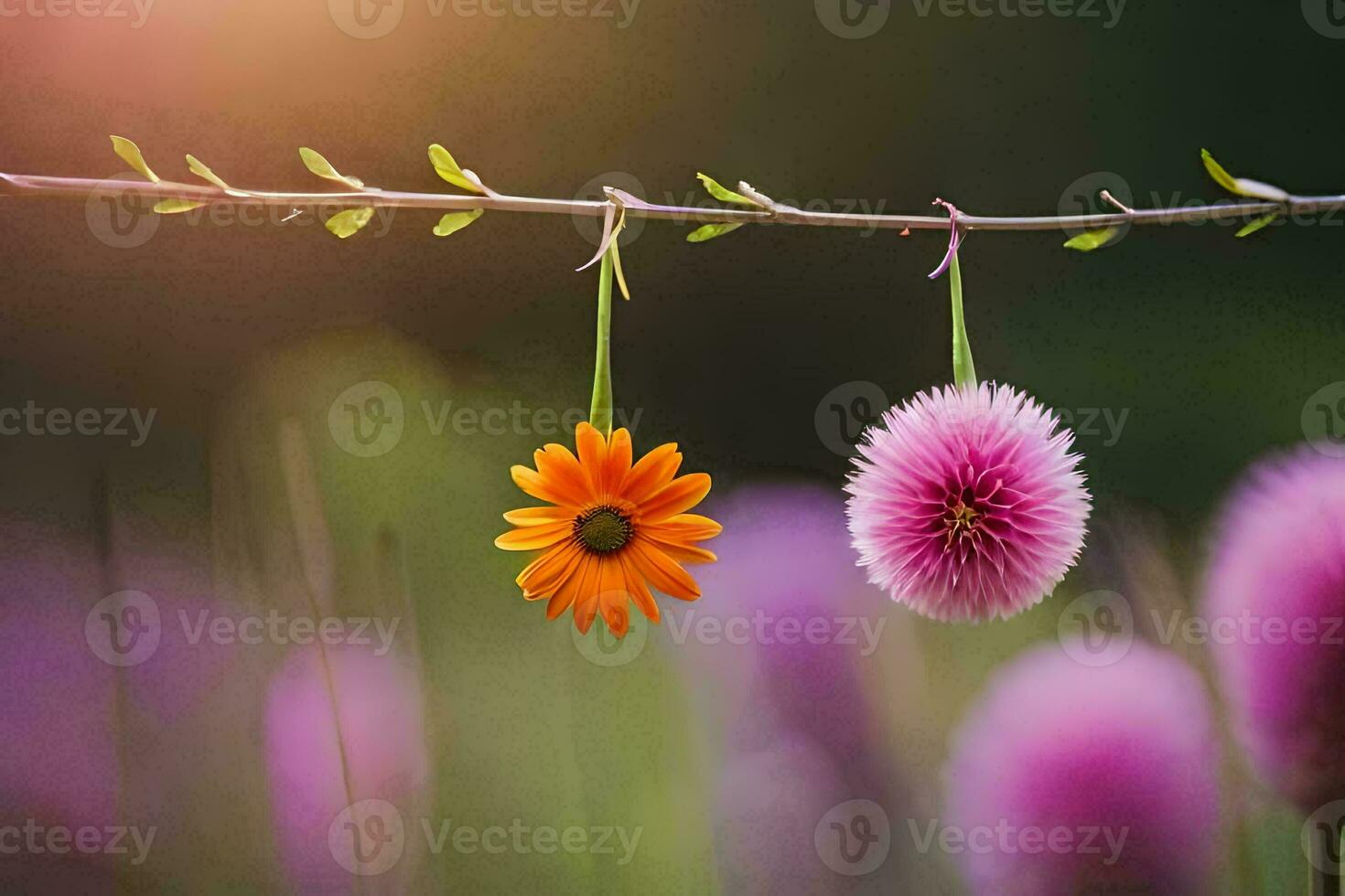 two flowers hanging from a branch in a field. AI-Generated photo