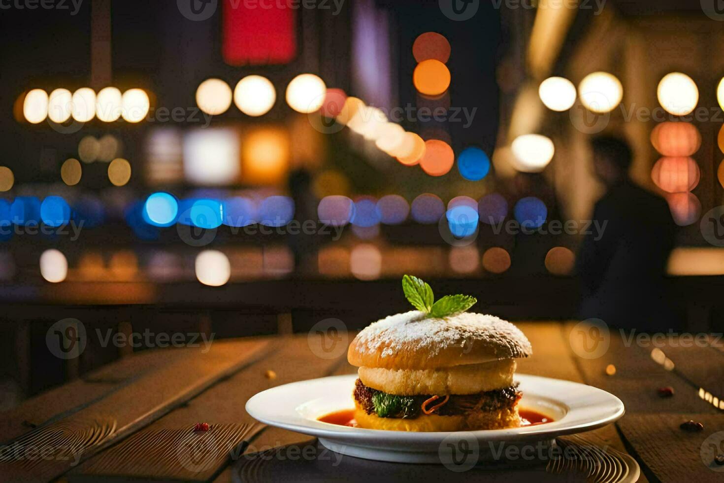 a burger sitting on a plate on a wooden table. AI-Generated photo