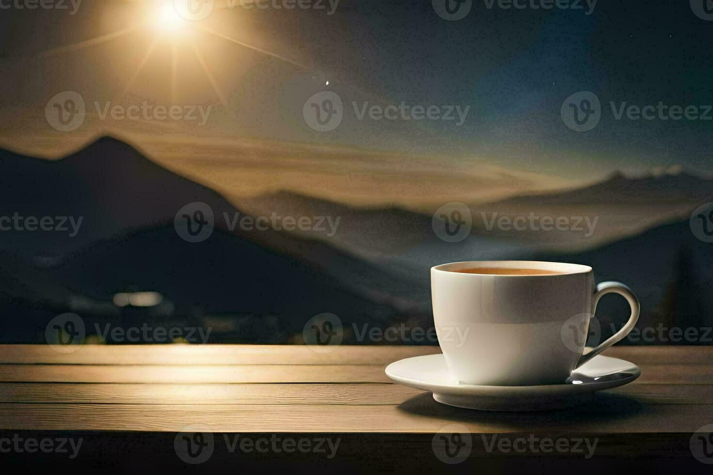 a cup of coffee on a wooden table in front of a mountain view. AI-Generated photo