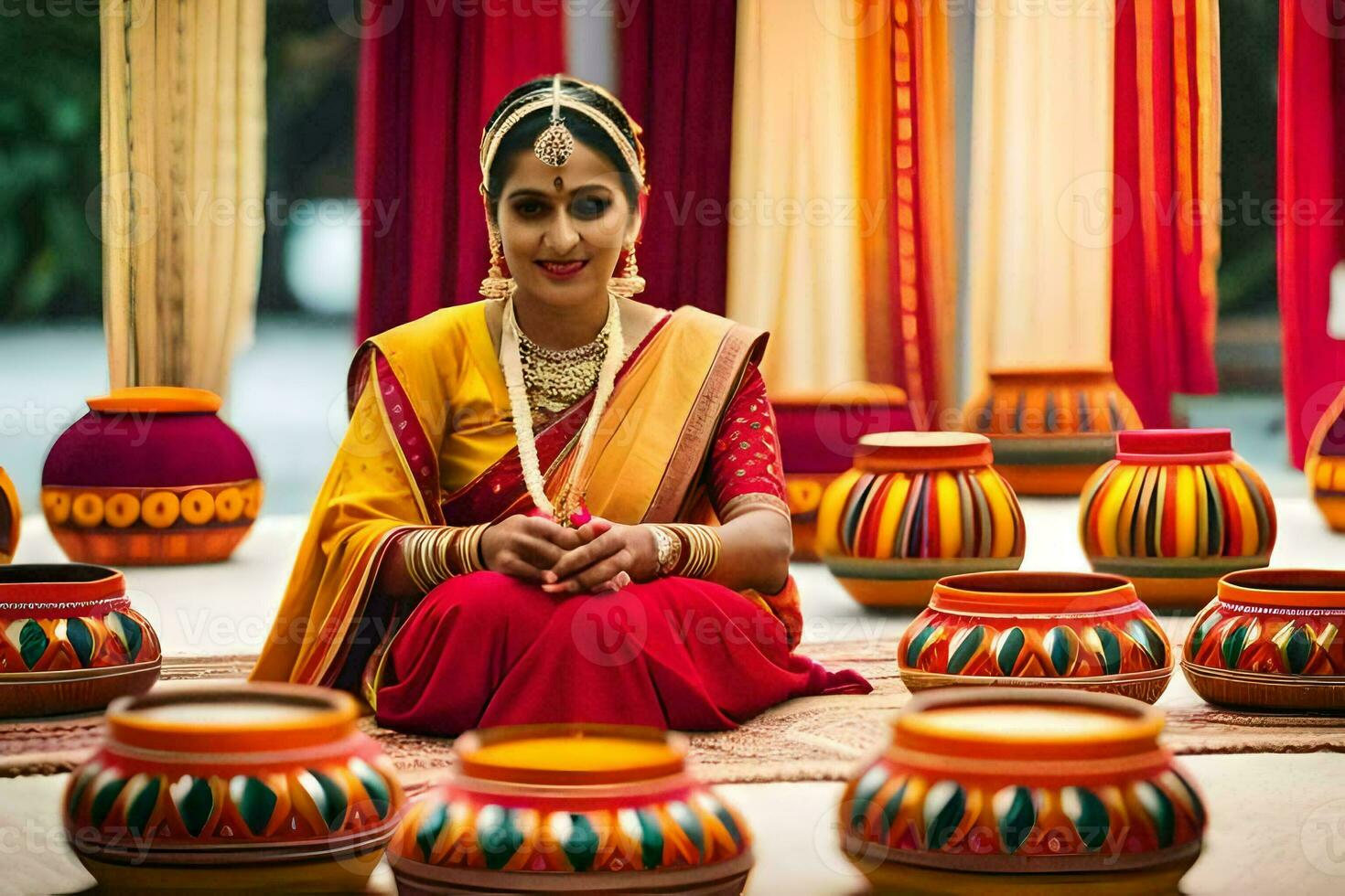 a beautiful indian bride sitting on the floor with colorful pots. AI-Generated photo