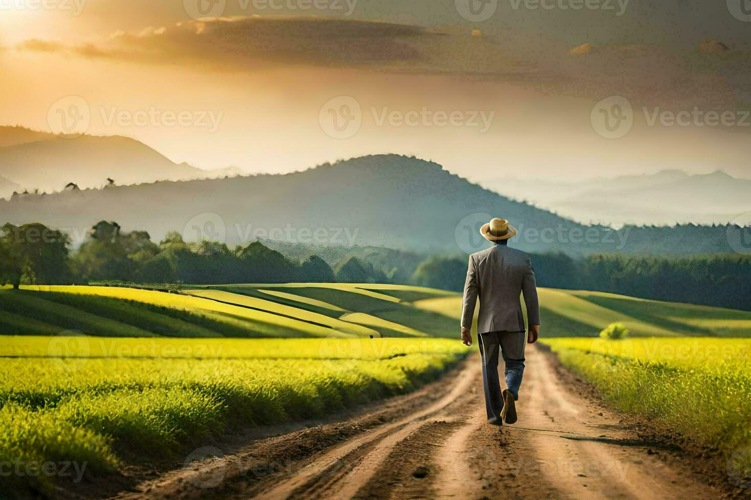 man walking on a dirt road in the middle of a field. AI-Generated photo