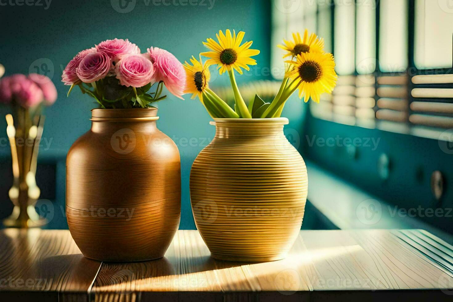 two vases with flowers sitting on a table. AI-Generated photo