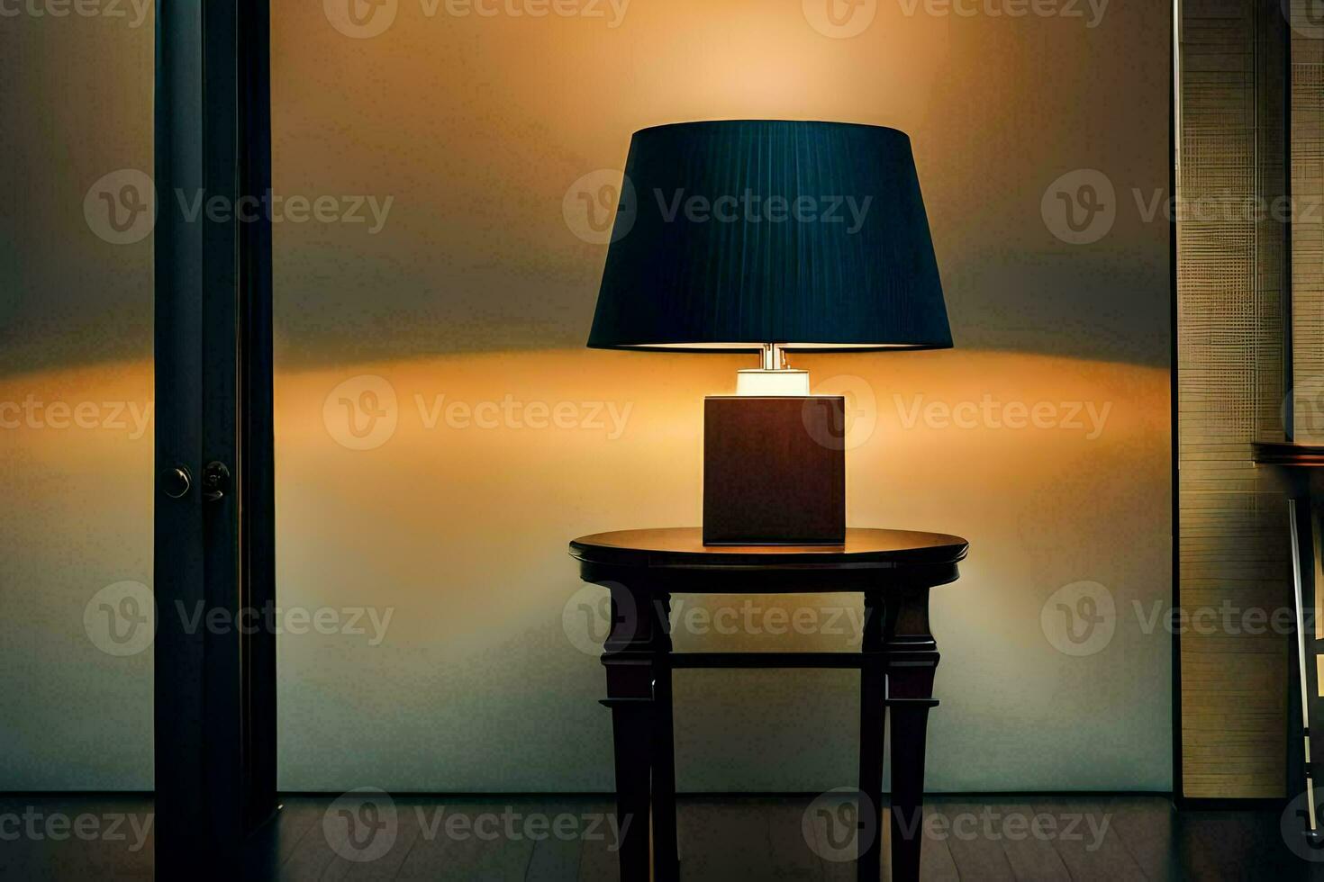 a lamp is sitting on a table in a room. AI-Generated photo