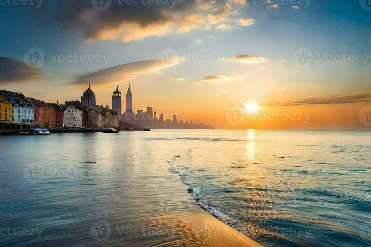 the sun sets over a city skyline and the ocean. AI-Generated photo