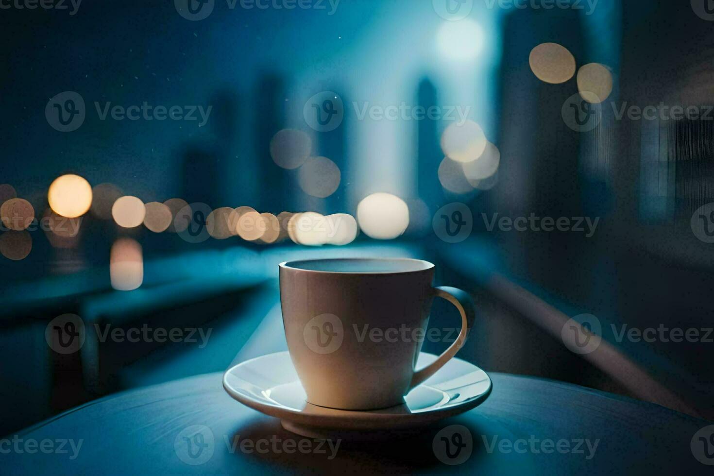 a cup of coffee on a table in front of a cityscape. AI-Generated photo