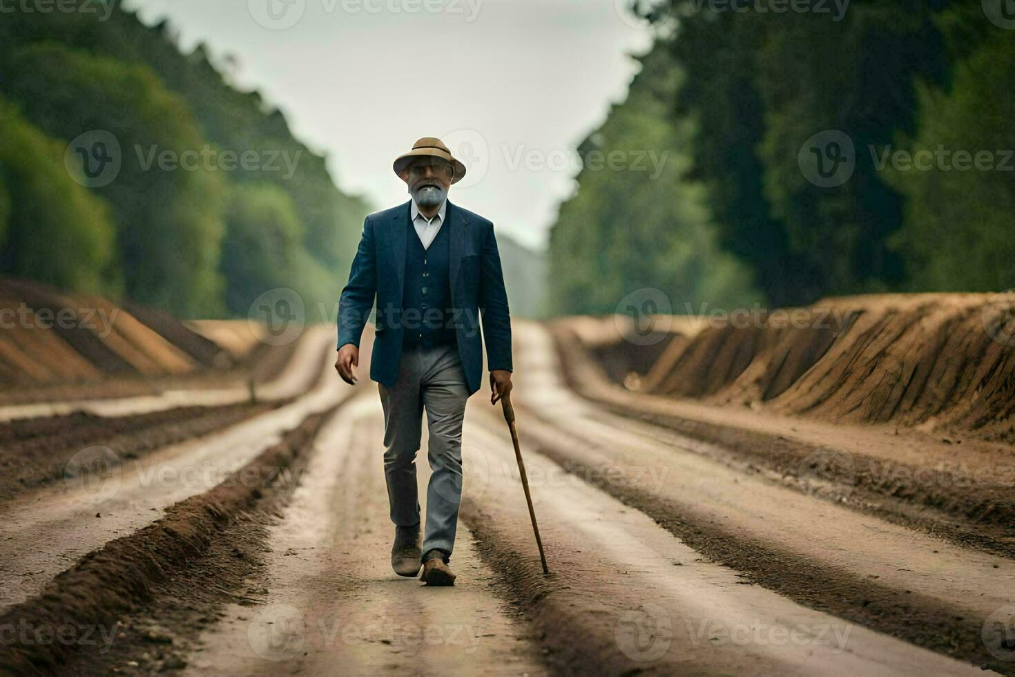 a man in a suit and hat walking down a dirt road. AI-Generated photo