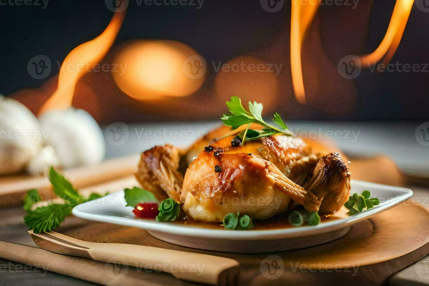 a roasted chicken on a plate with a wooden background. AI-Generated photo