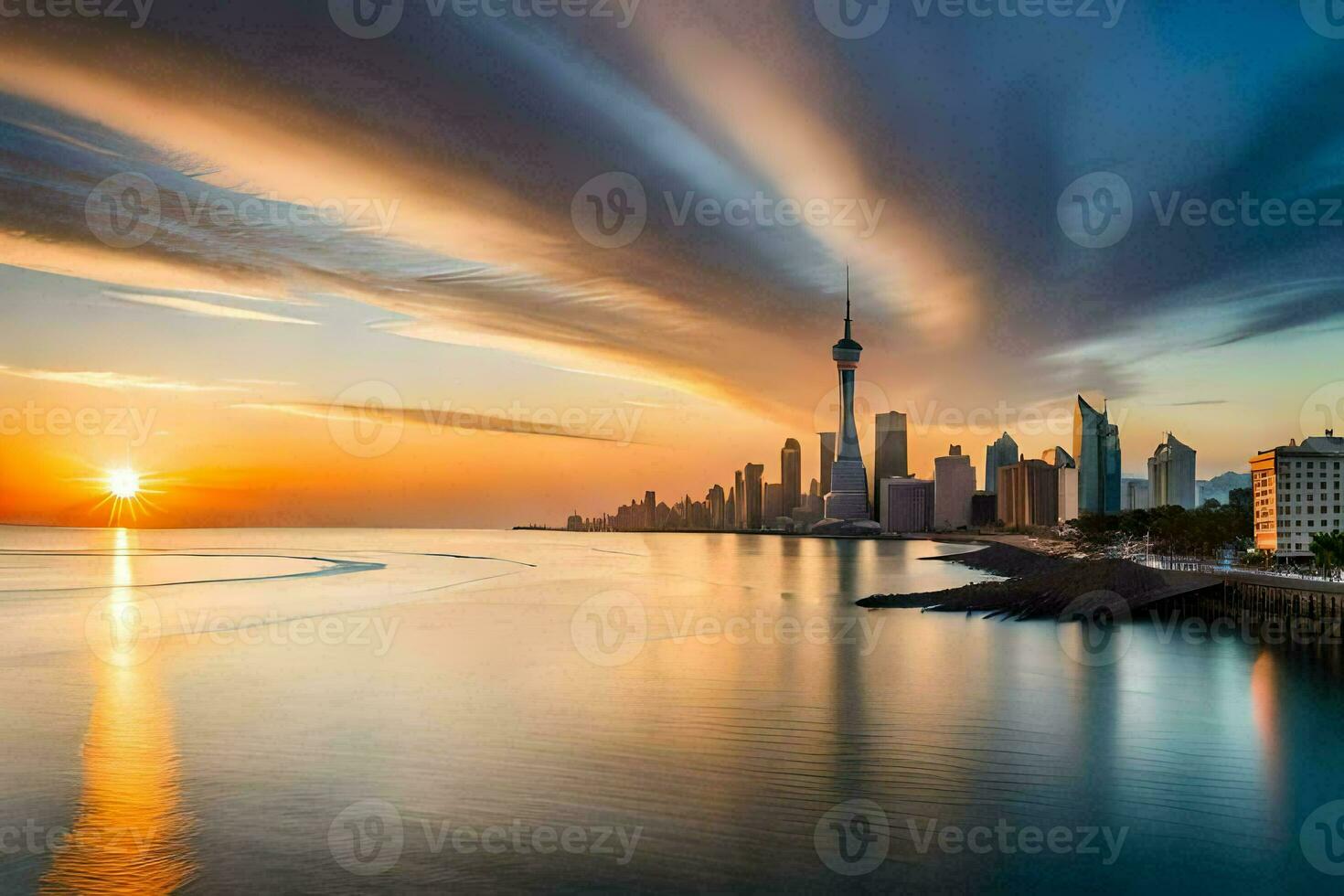 the city skyline of shanghai at sunset. AI-Generated photo