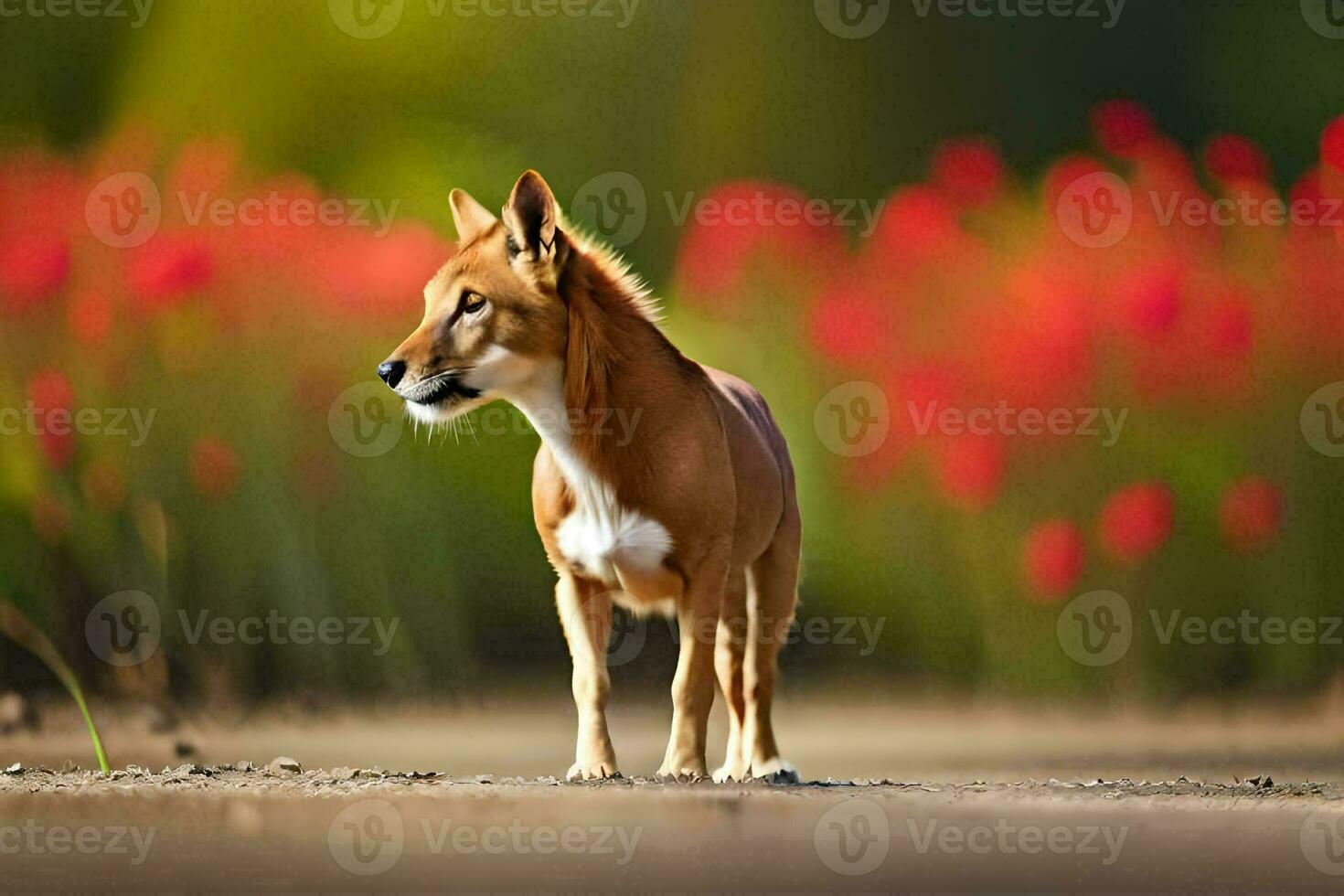a dog standing in front of red flowers. AI-Generated photo