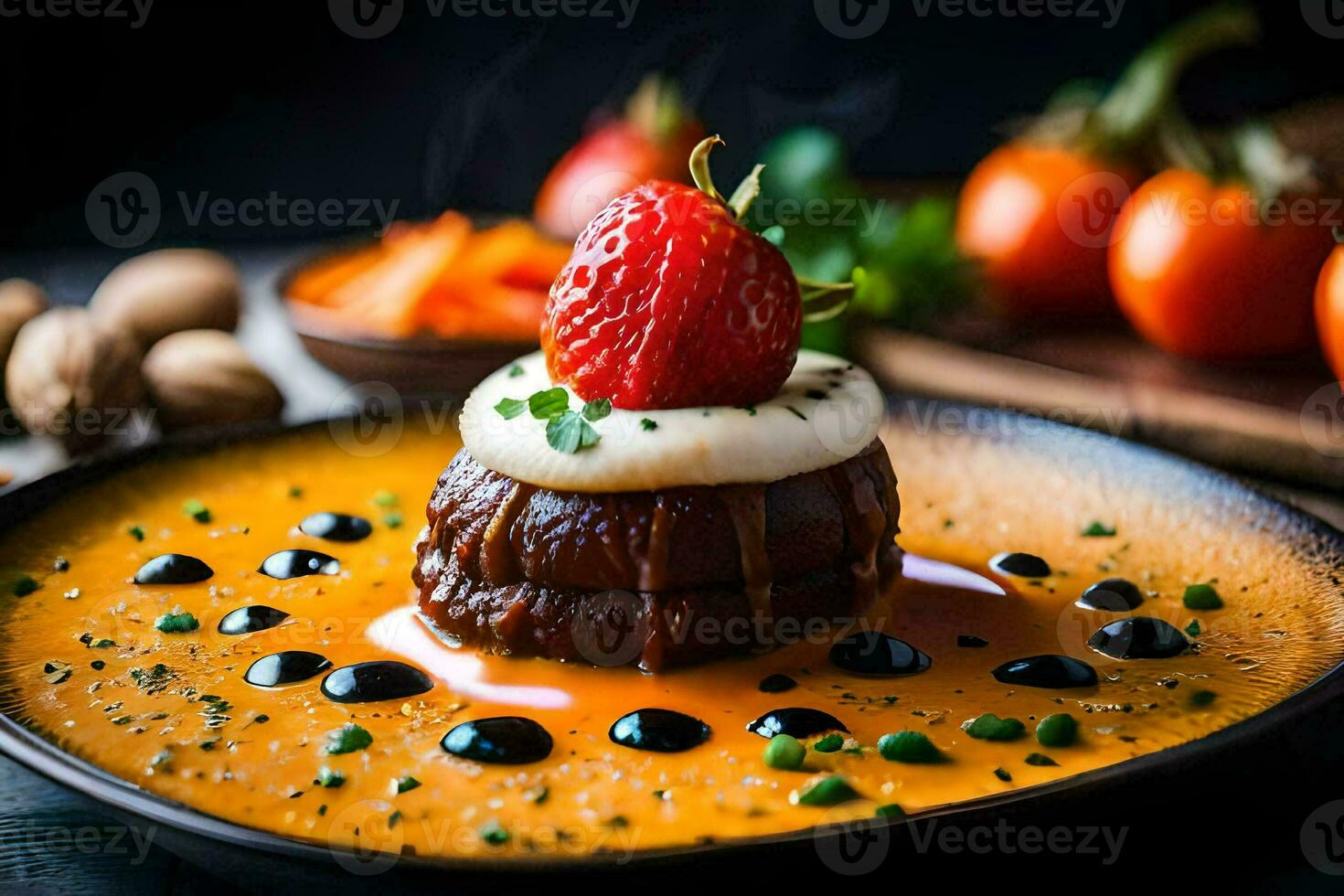 a plate with a dessert topped with strawberries and cream. AI-Generated photo