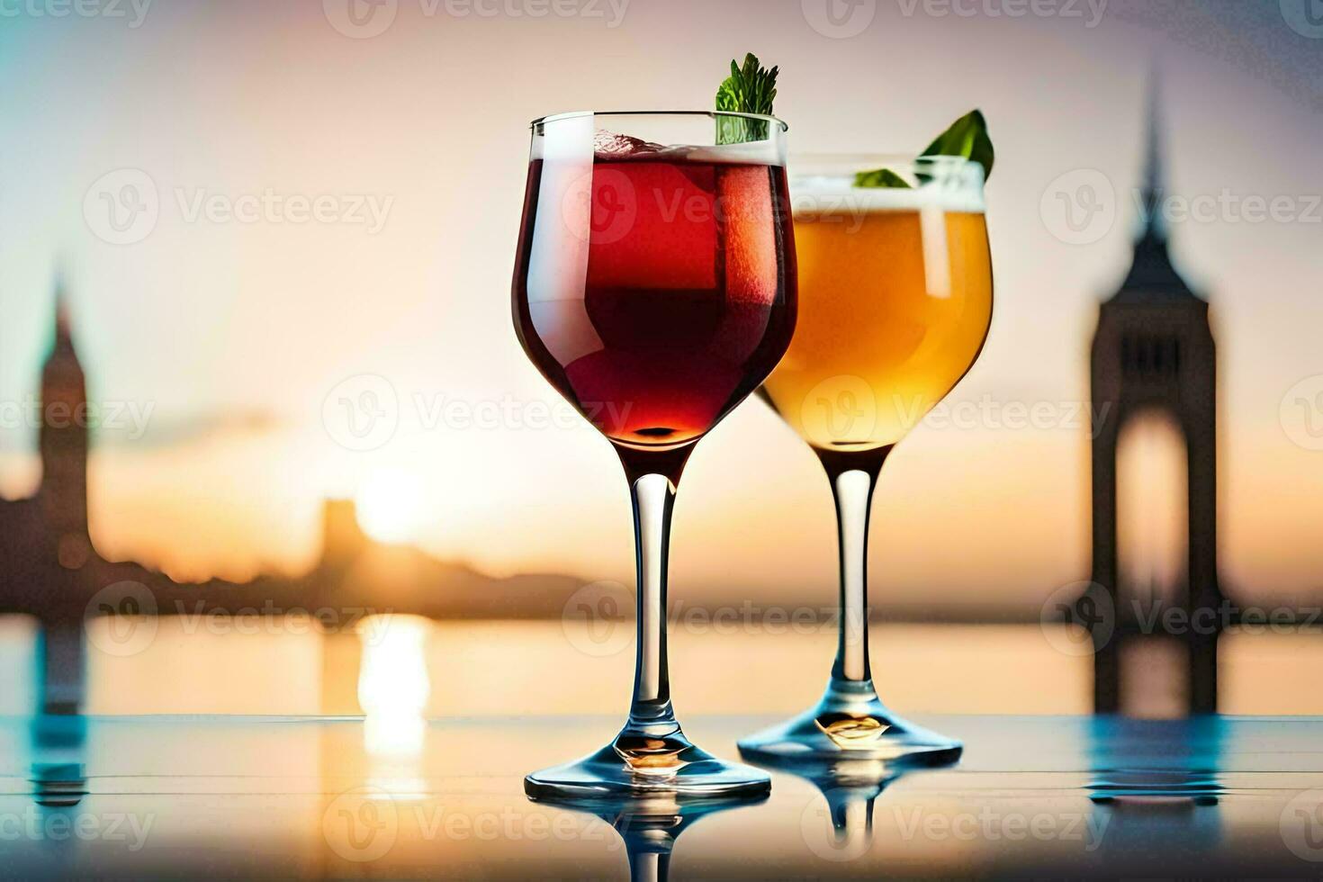 two glasses of wine with a view of the city. AI-Generated photo