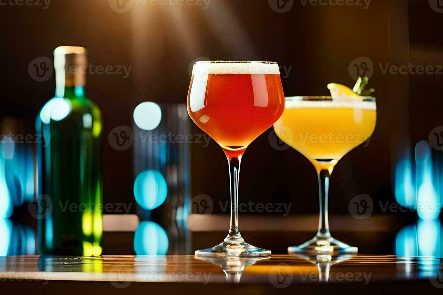 two glasses of different colored drinks sit on a table. AI-Generated photo