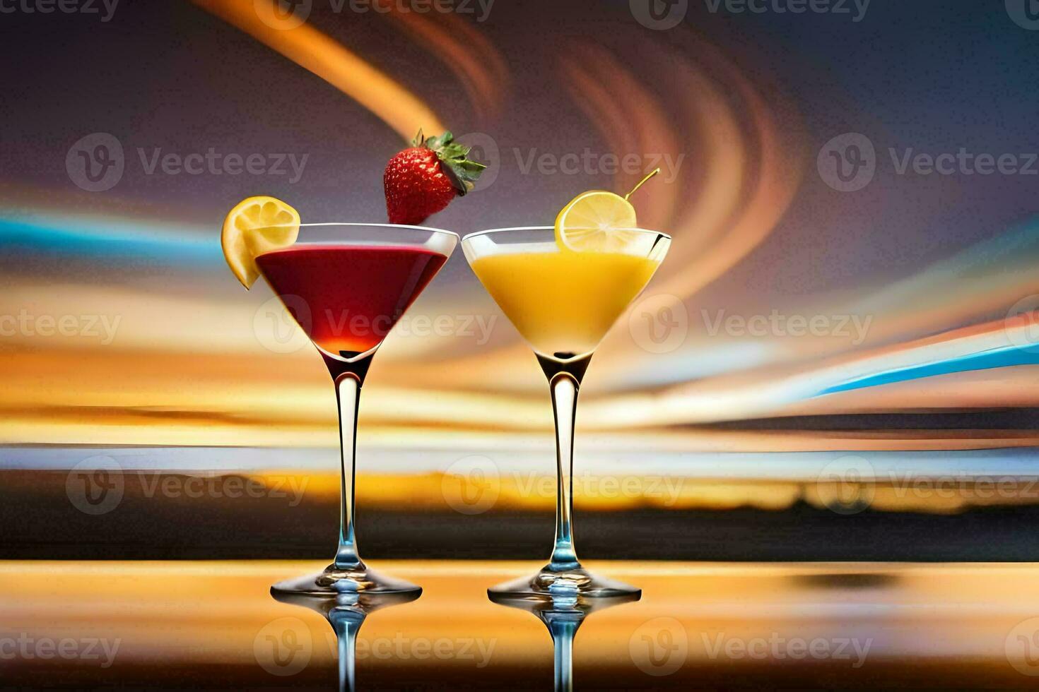 two cocktails with strawberries and lemon slices on a table. AI-Generated photo