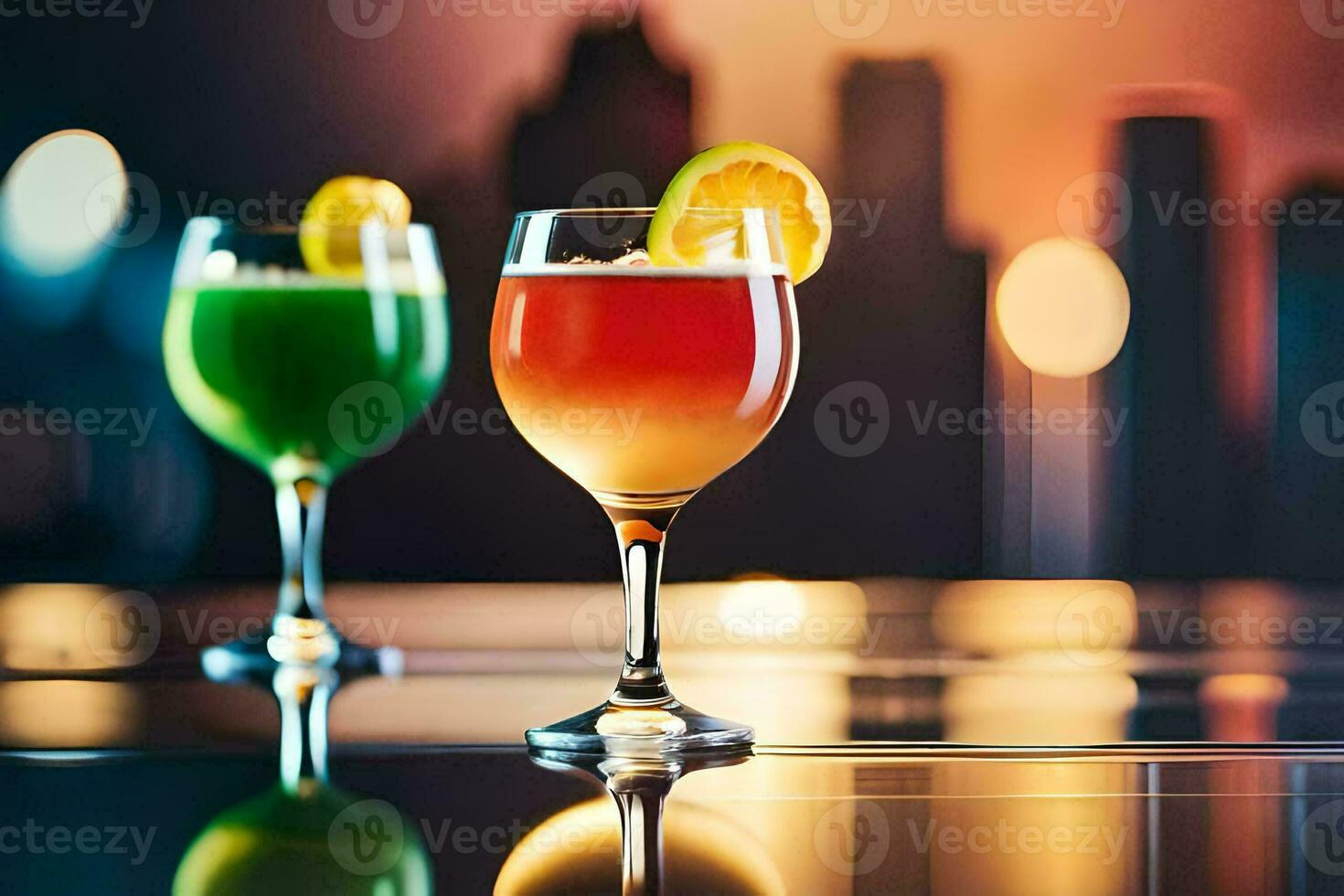 two glasses of cocktails with a city skyline in the background. AI-Generated photo