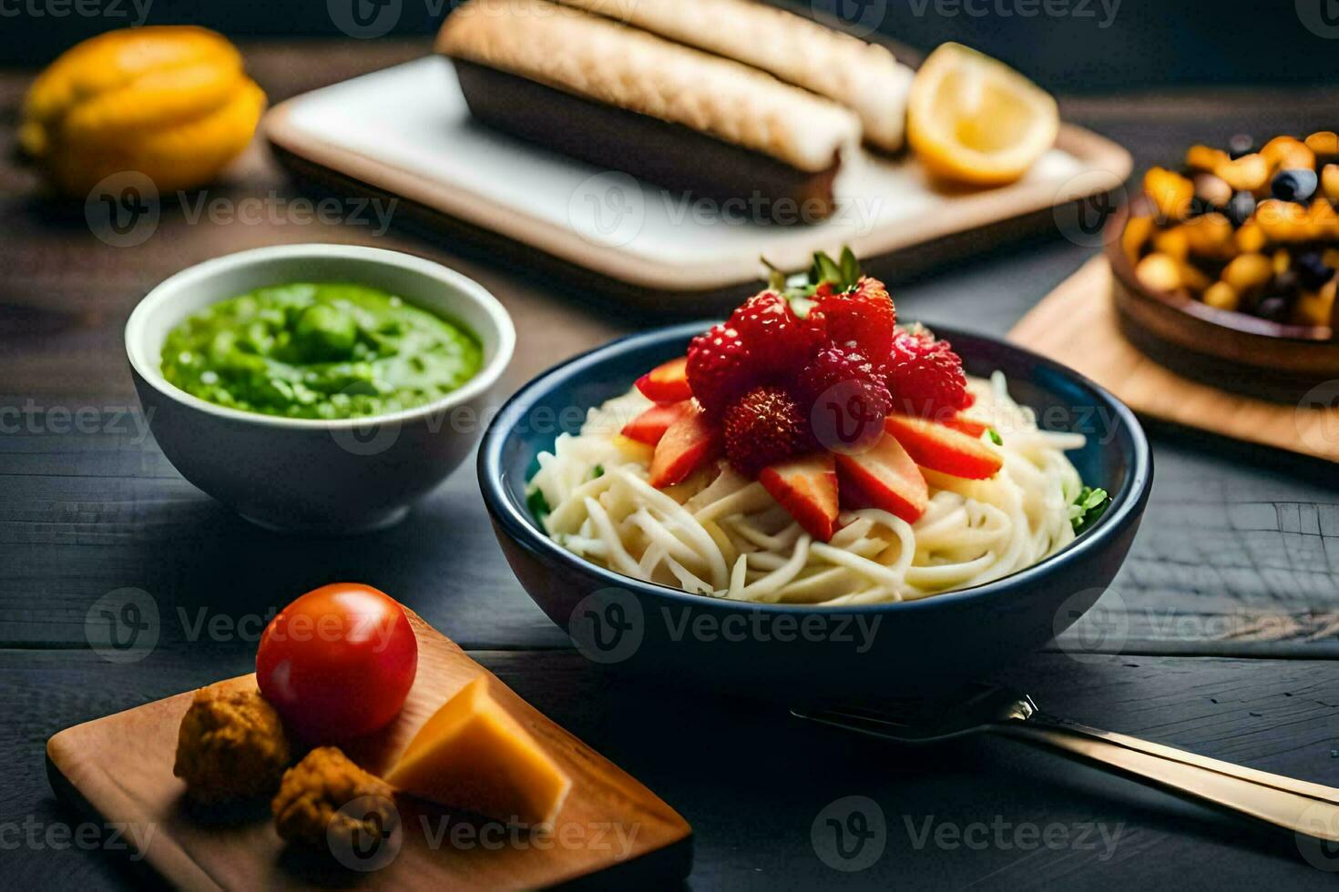 a bowl of pasta, strawberries, tomatoes and other food. AI-Generated photo