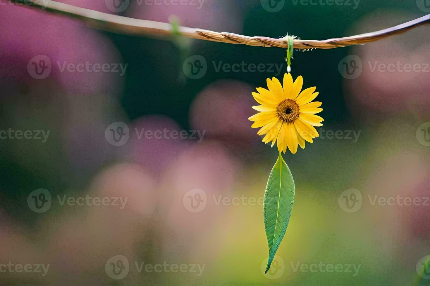 a single yellow flower is hanging from a branch. AI-Generated photo