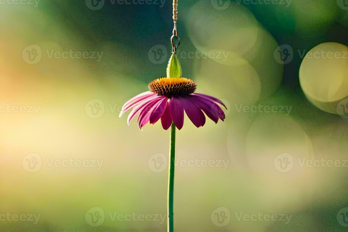 a pink flower hanging from a string. AI-Generated photo