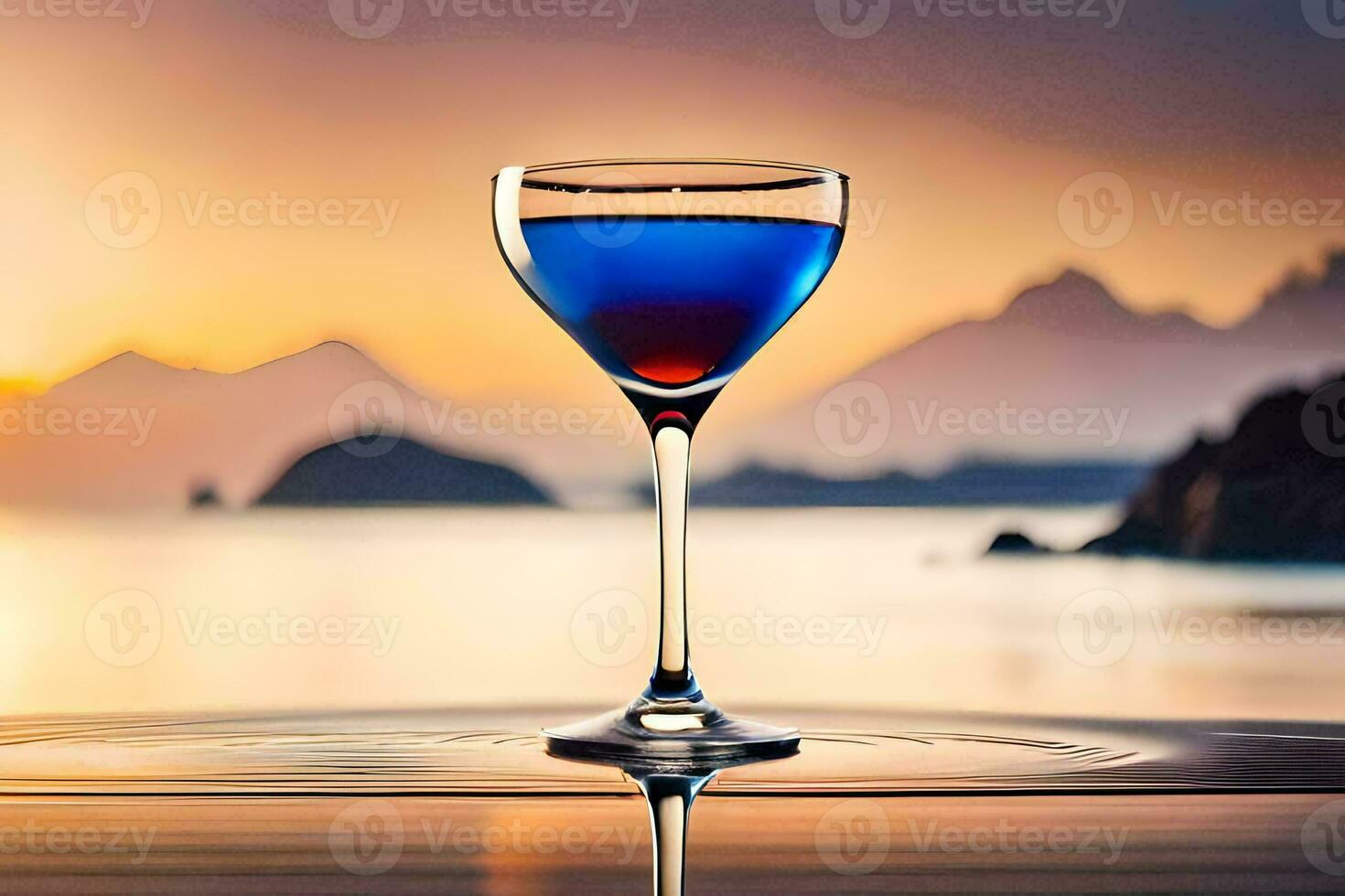 blue cocktail in a glass on the beach. AI-Generated photo