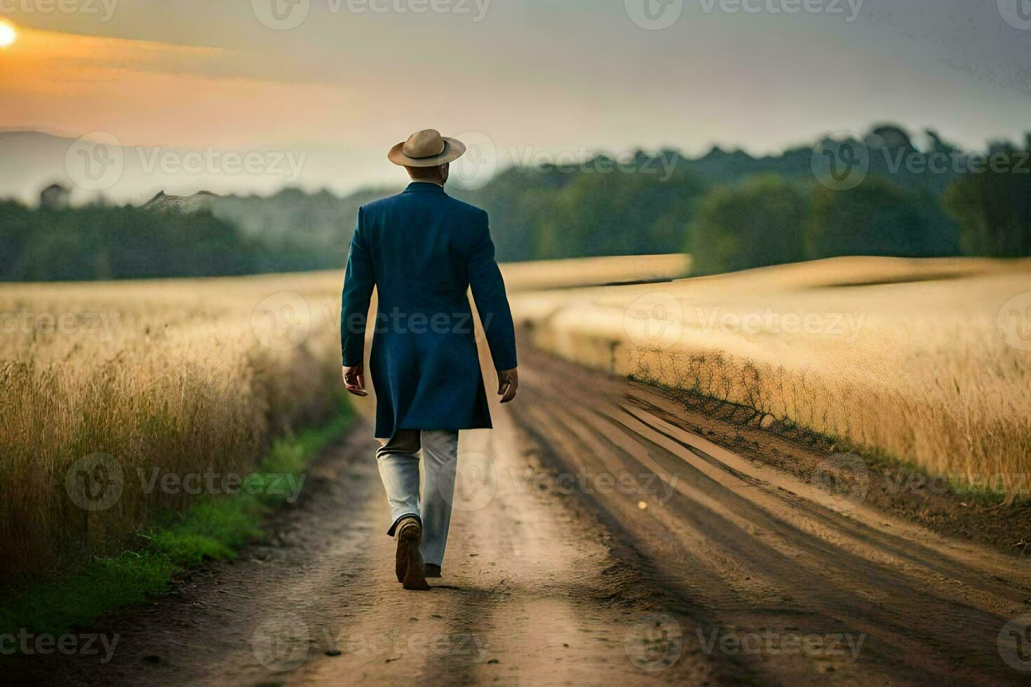 un hombre en un azul traje y sombrero camina abajo un suciedad la carretera. generado por ai foto