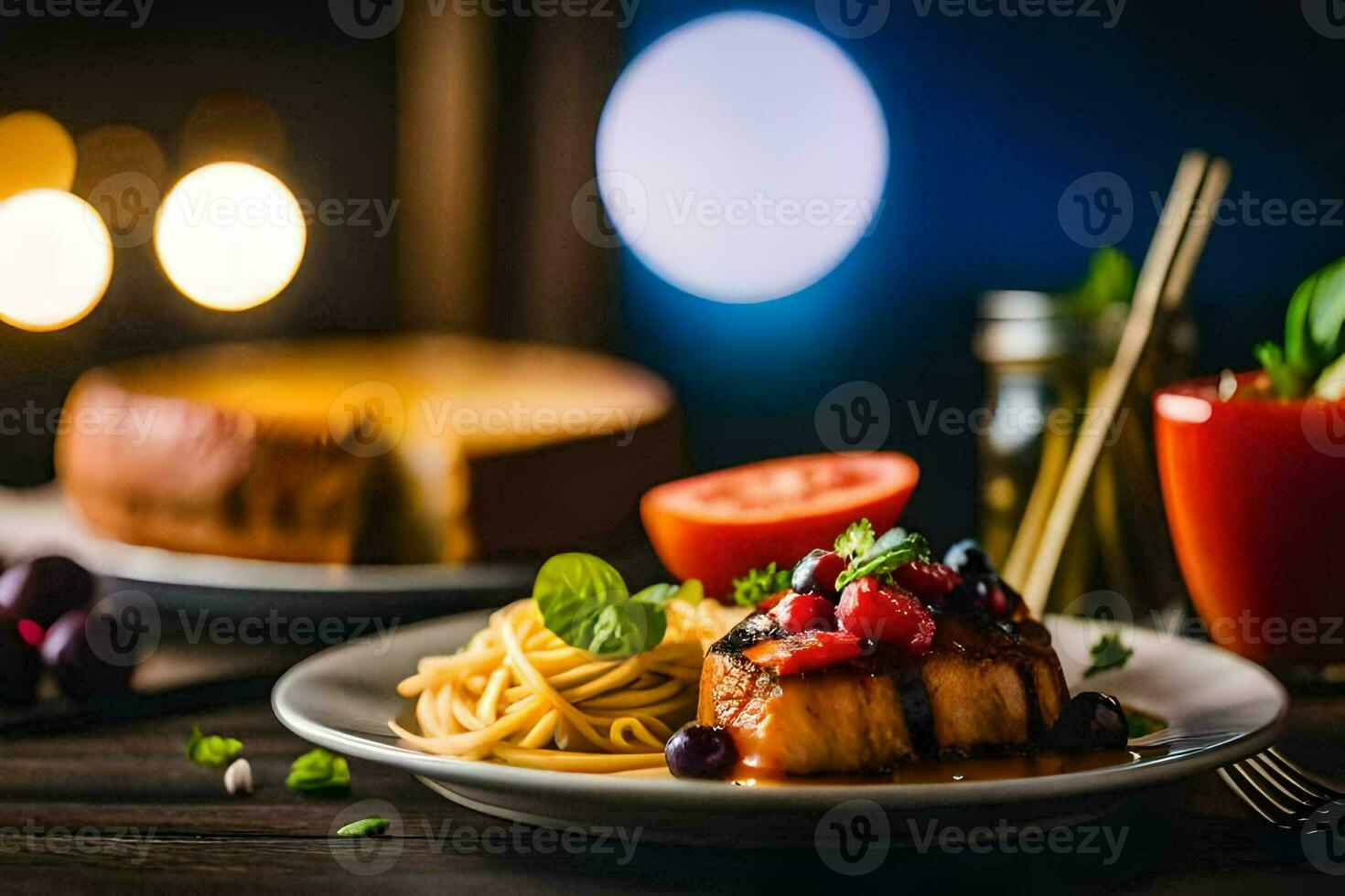 a plate of food with pasta and vegetables. AI-Generated photo