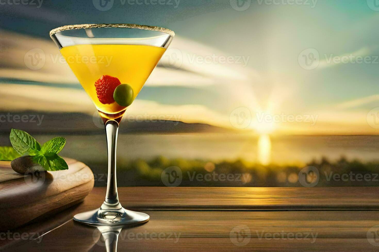 cocktail on the table with sunset in the background. AI-Generated photo