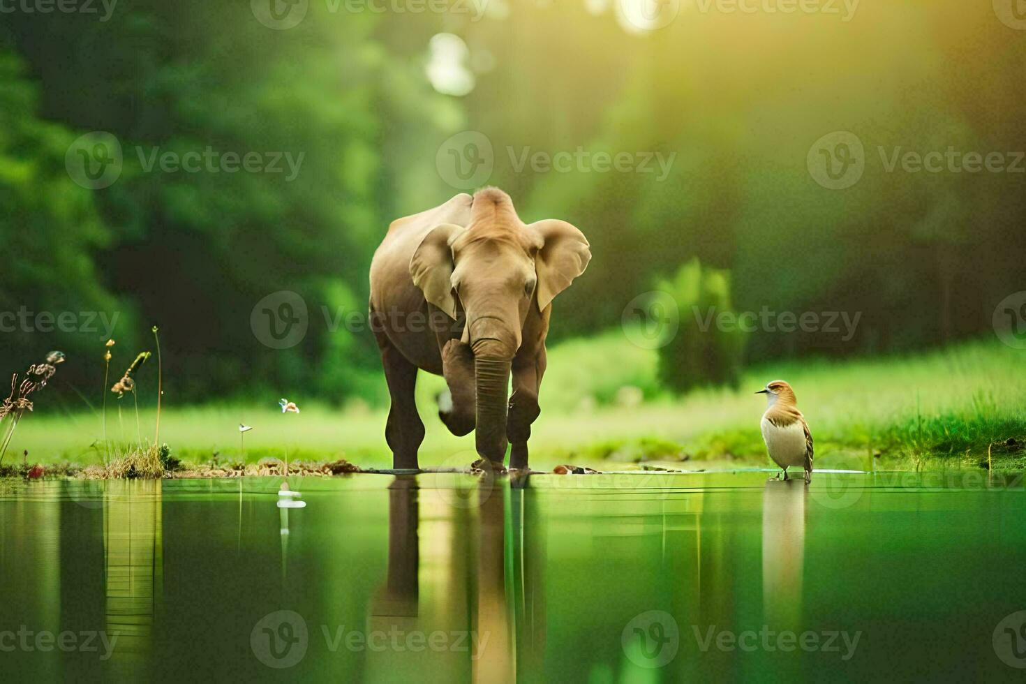an elephant and a duck walk through a pond. AI-Generated photo