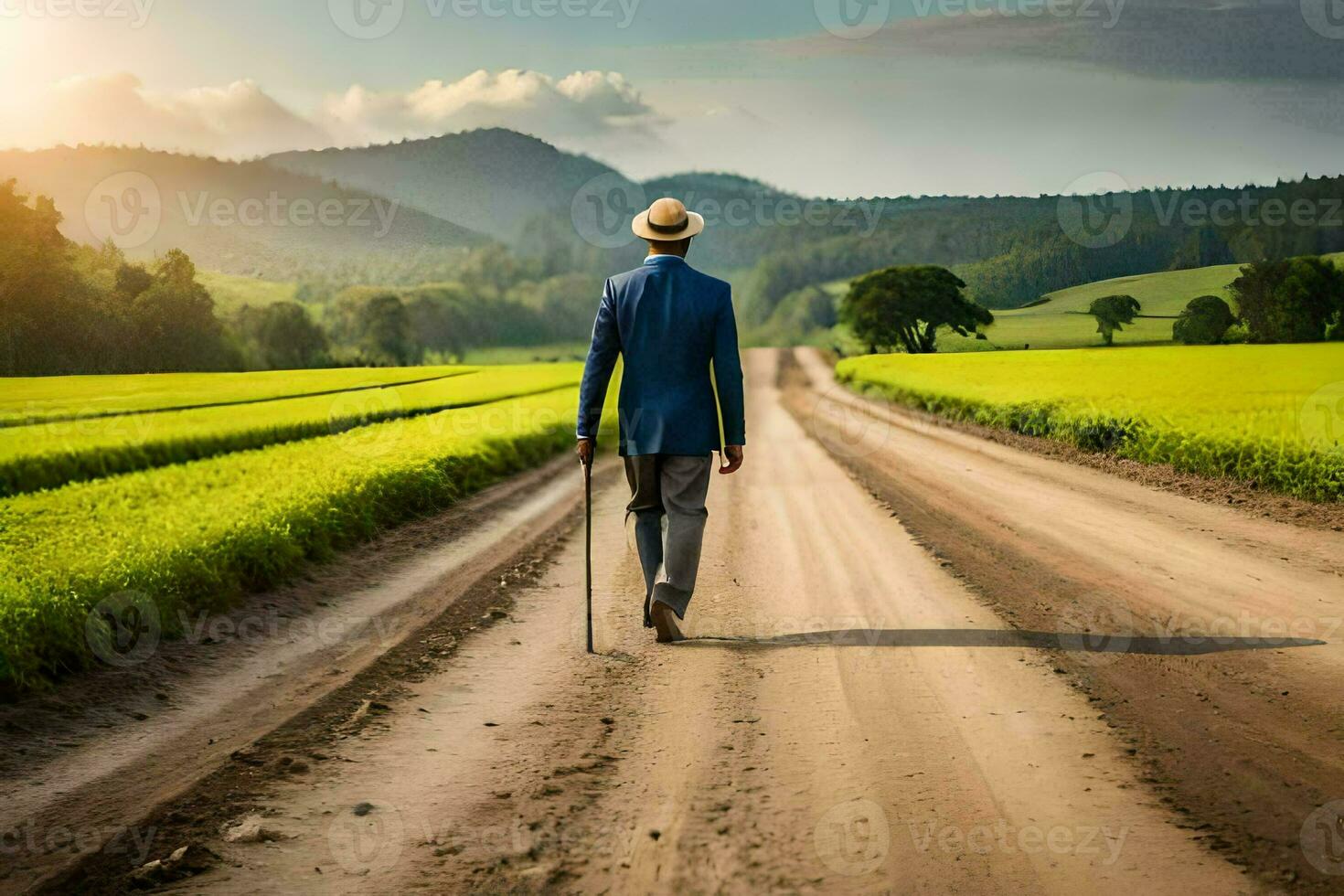 man walking on a dirt road in the countryside. AI-Generated photo