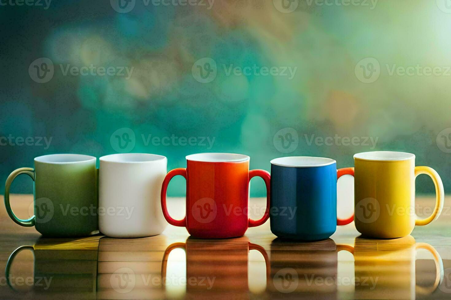 a row of colorful coffee mugs on a table. AI-Generated photo