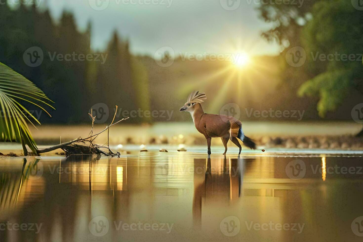 un ciervo soportes en el agua a puesta de sol. generado por ai foto