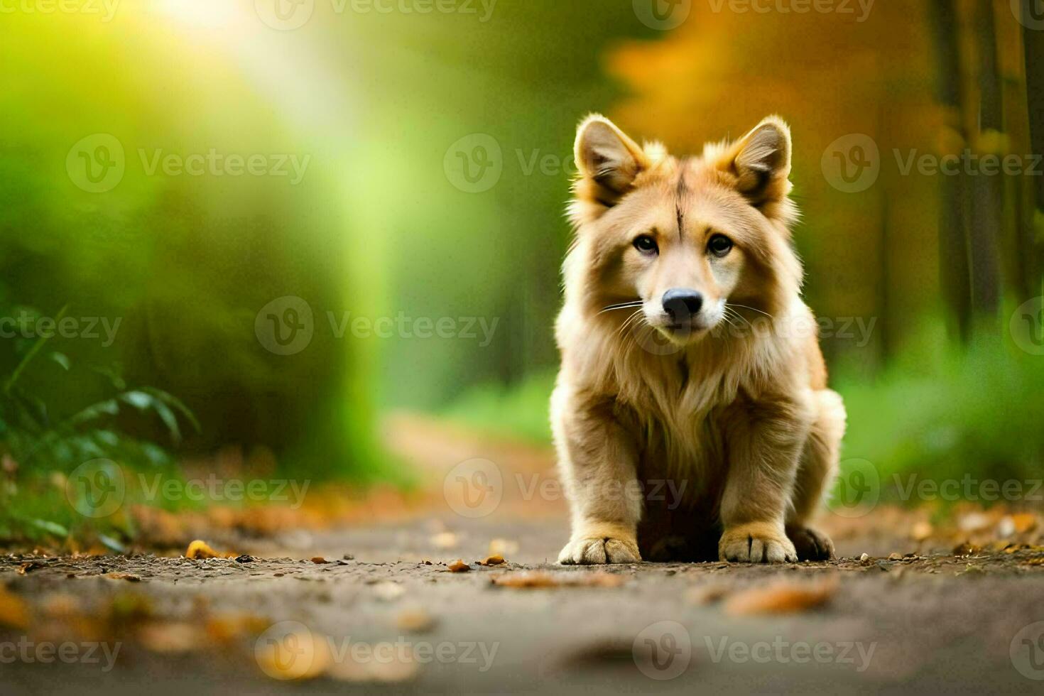 un perro sentado en el suelo en el medio de un bosque. generado por ai foto