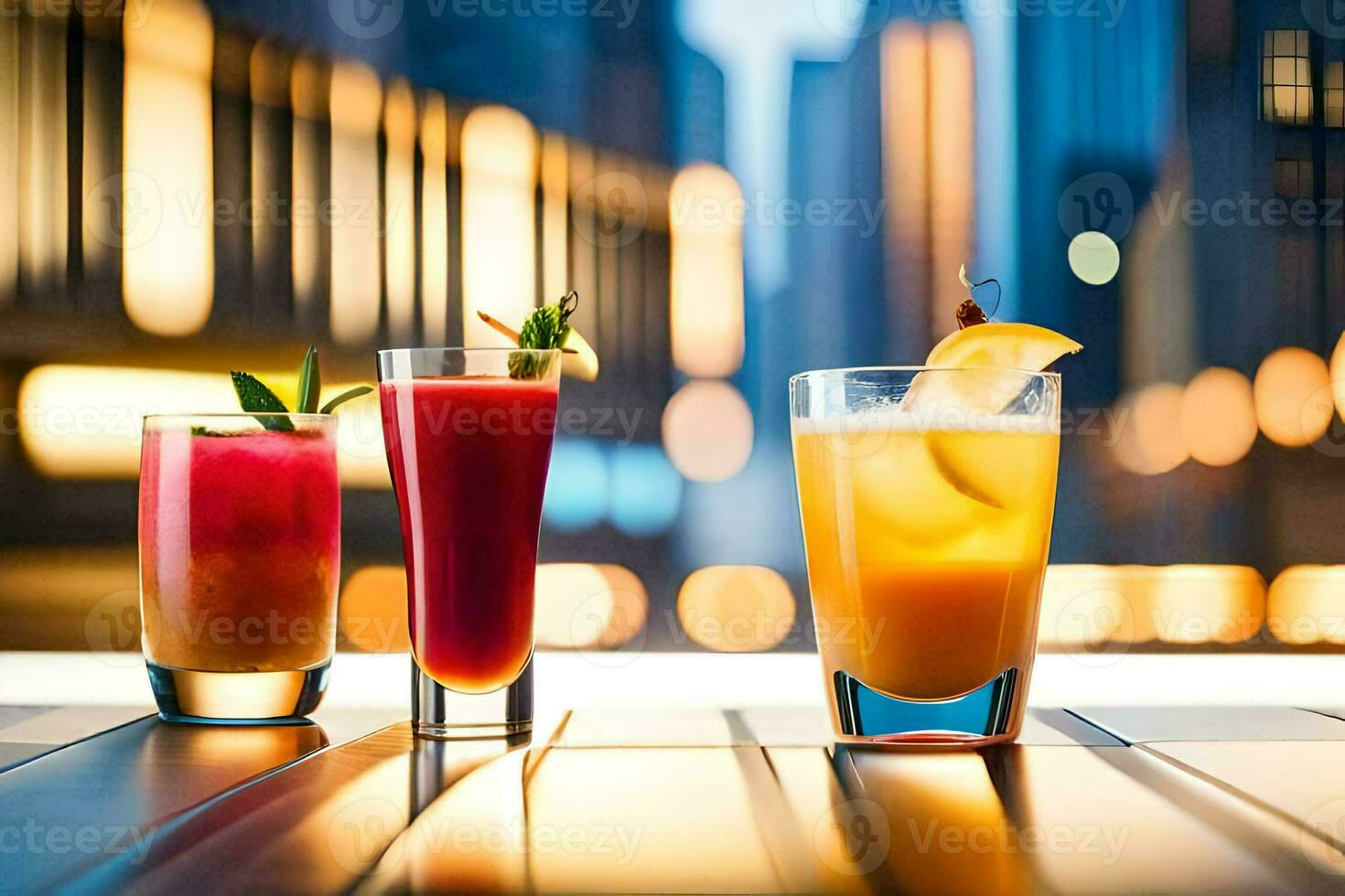 Tres diferente bebidas son sentado en un mesa en frente de un ciudad horizonte. generado por ai foto