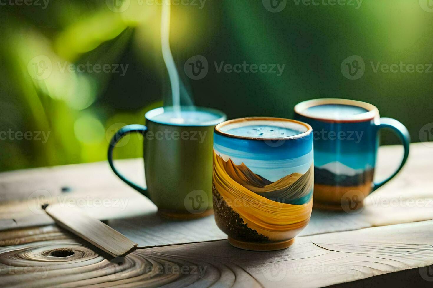two coffee cups with mountains painted on them on a wooden table. AI-Generated photo