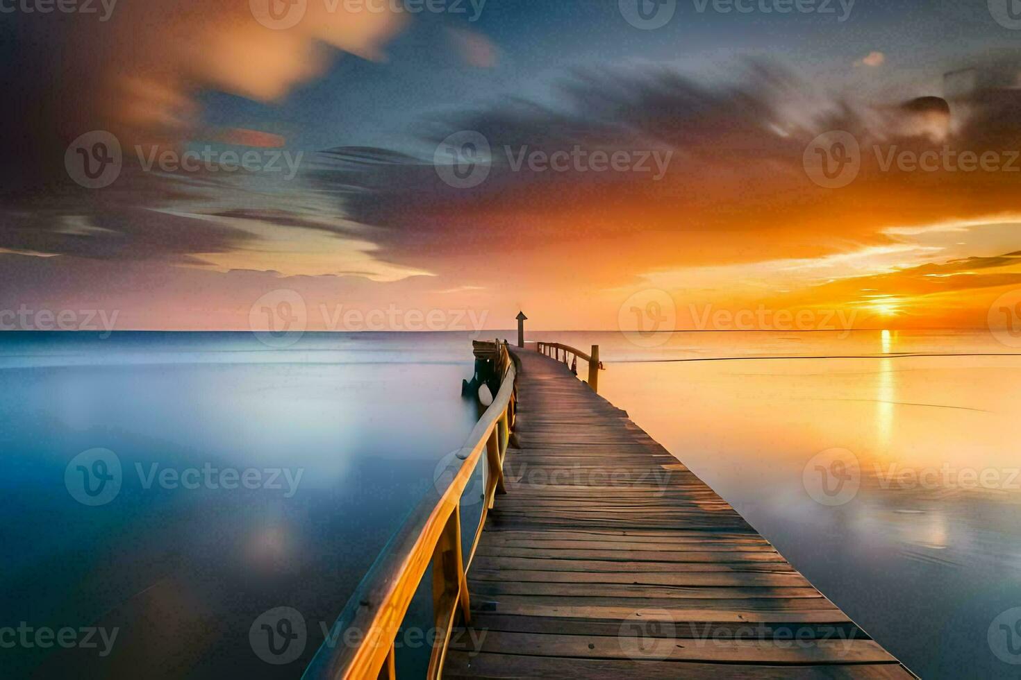 a long exposure photograph of a dock in the ocean. AI-Generated photo