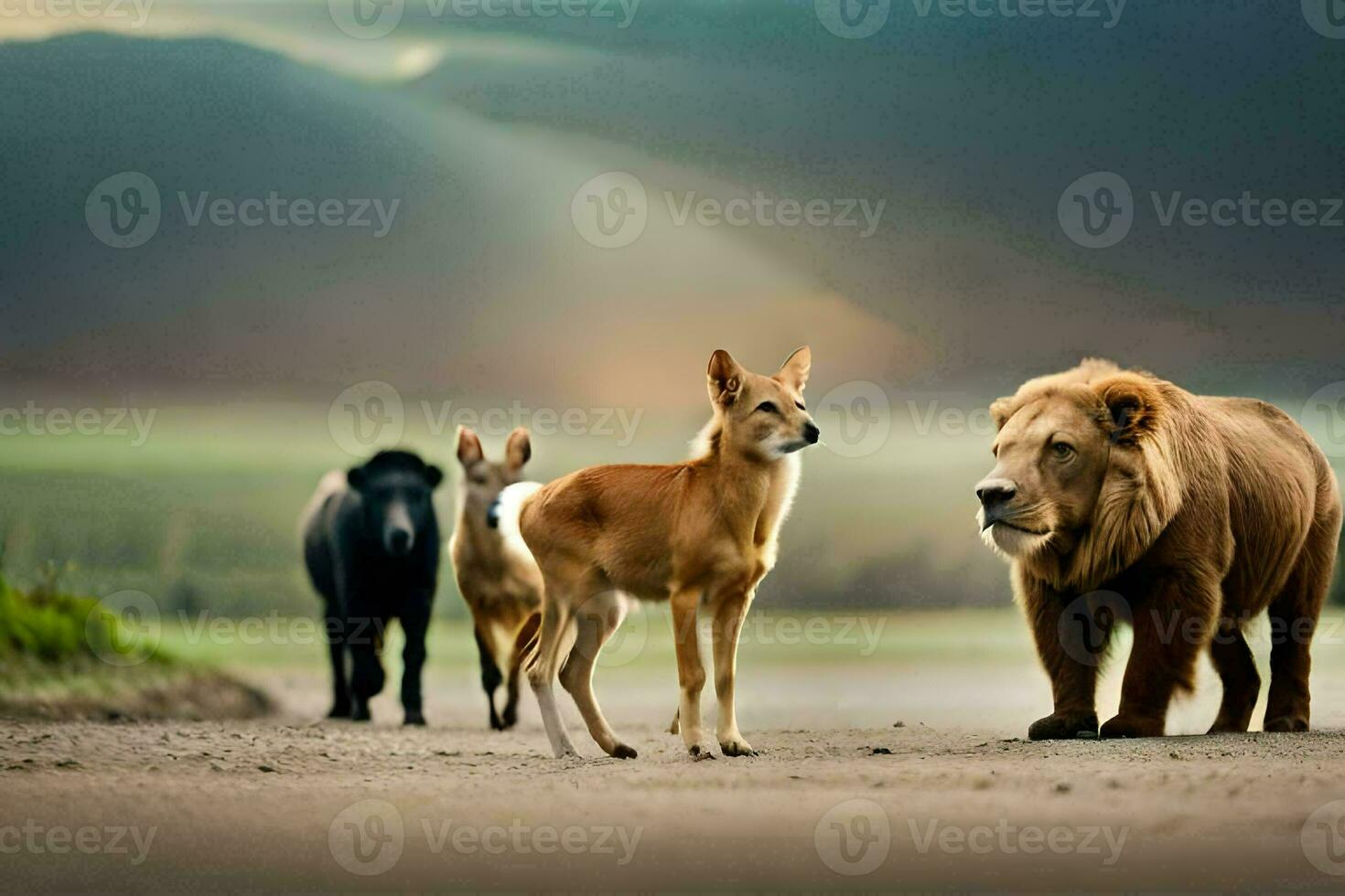 a lion, deer and a gazelle walk across a dirt road. AI-Generated photo