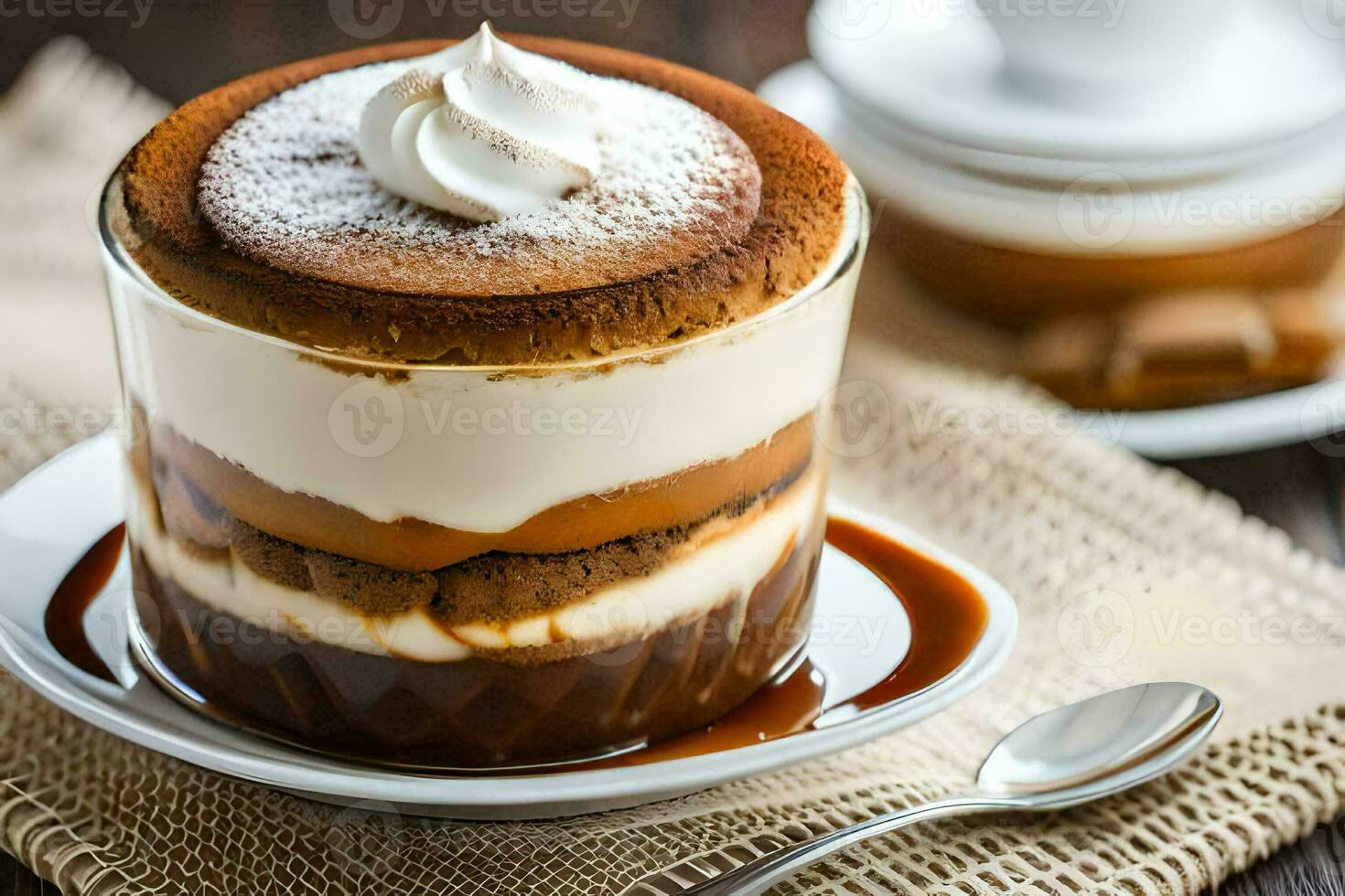 a dessert with whipped cream and chocolate on top. AI-Generated photo