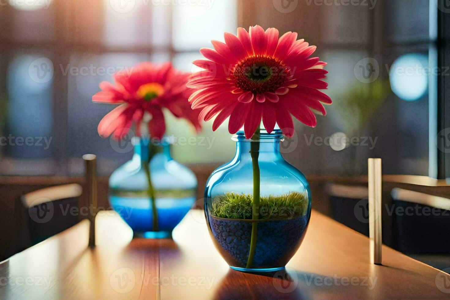 two pink flowers in blue vases on a table. AI-Generated photo