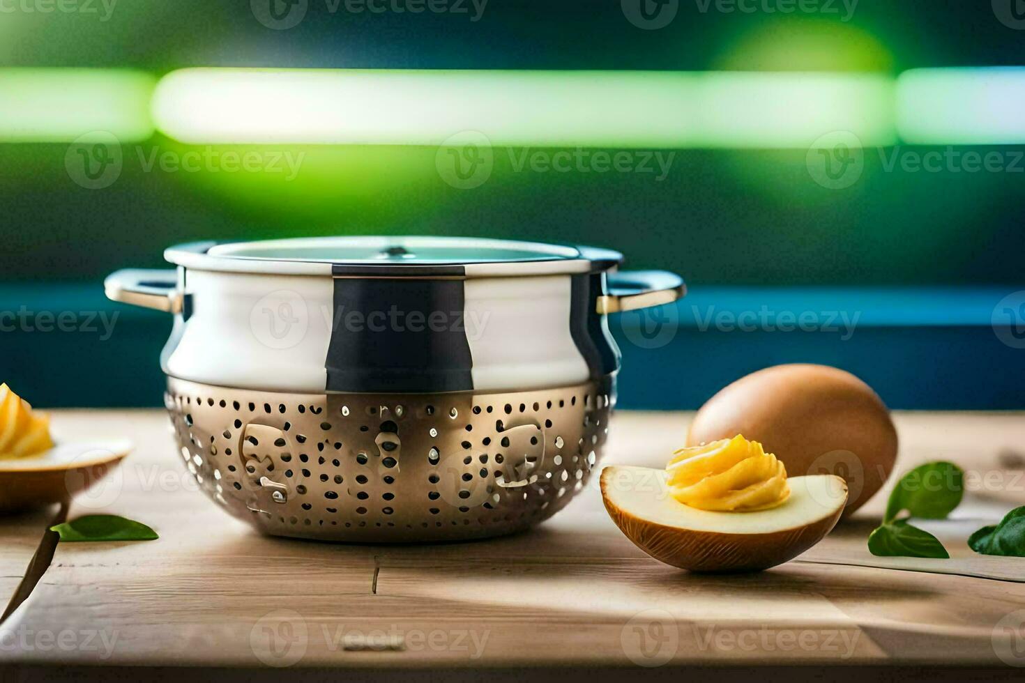 a stainless steel pot with an egg and an eggshell. AI-Generated photo