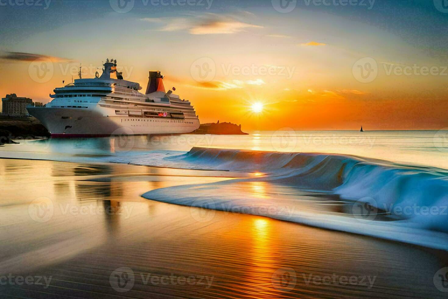 a cruise ship in the ocean at sunset. AI-Generated photo