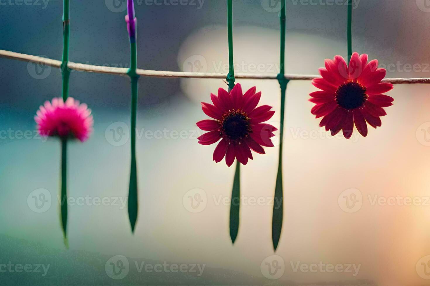three red flowers hanging from a wire. AI-Generated photo