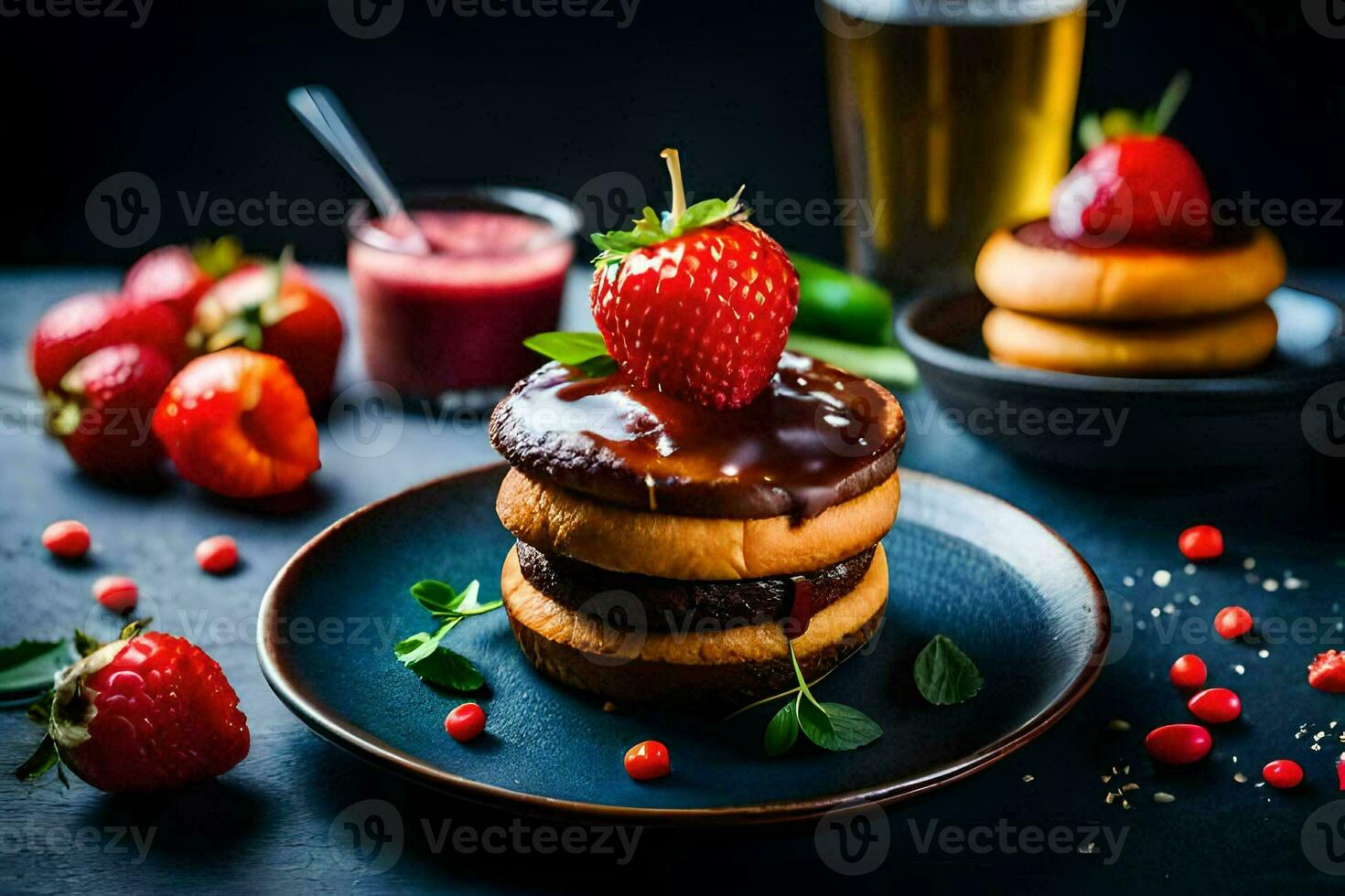 strawberries and chocolate on a plate with beer. AI-Generated photo
