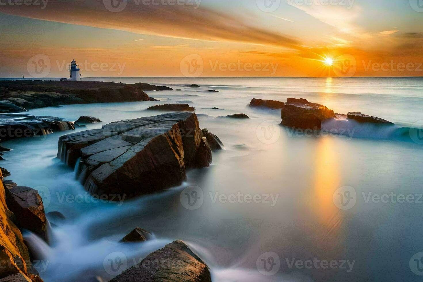 the sun sets over the ocean and rocks. AI-Generated photo