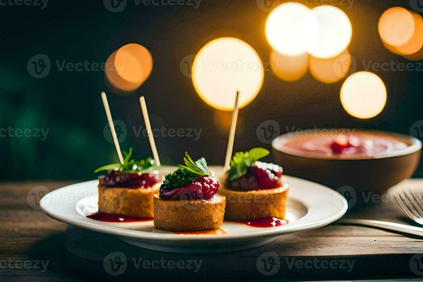 pequeño aperitivos en un plato con palillos de dientes generado por ai foto