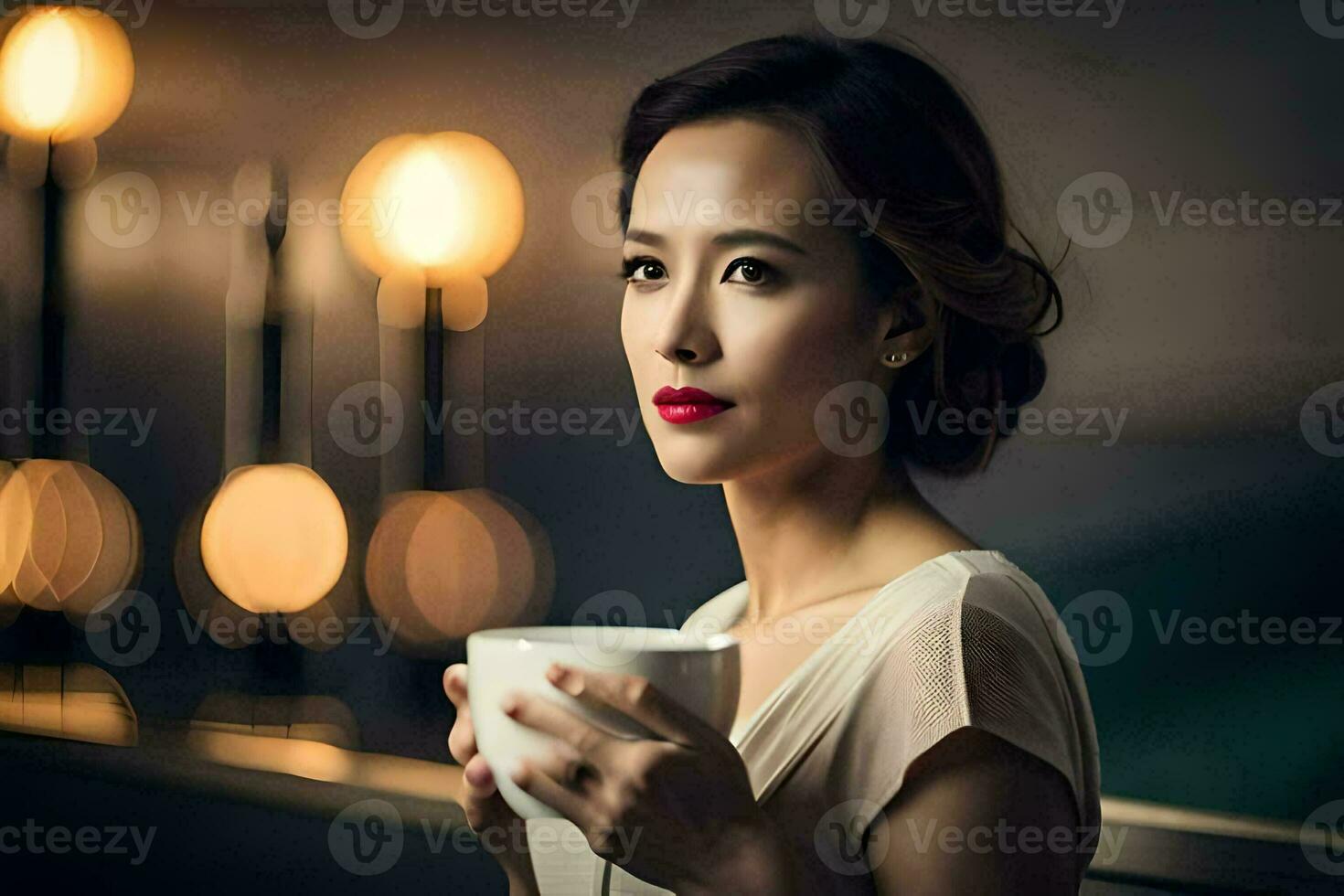 a woman holding a cup of coffee. AI-Generated photo