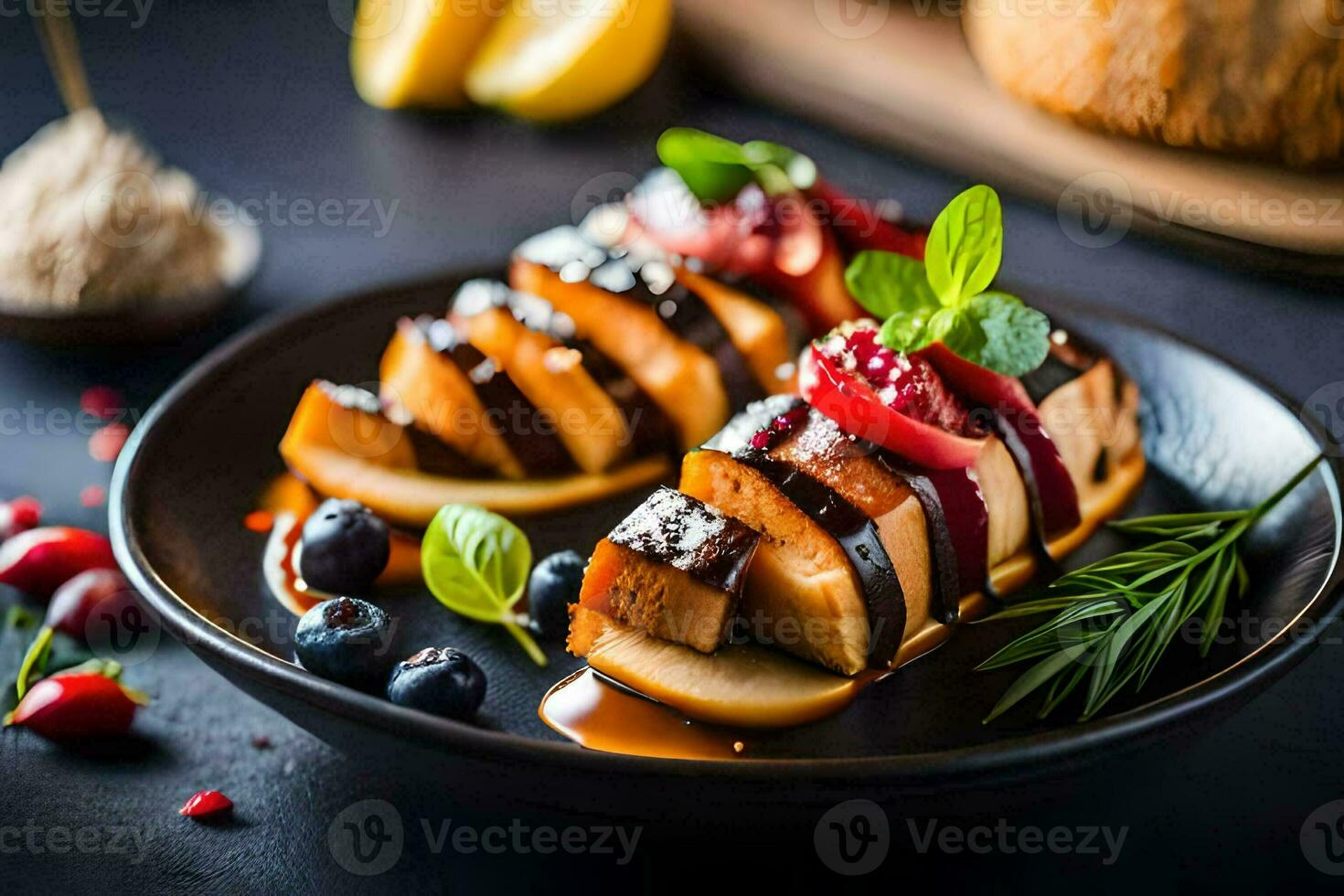 a plate with sliced fruit and vegetables on it. AI-Generated photo