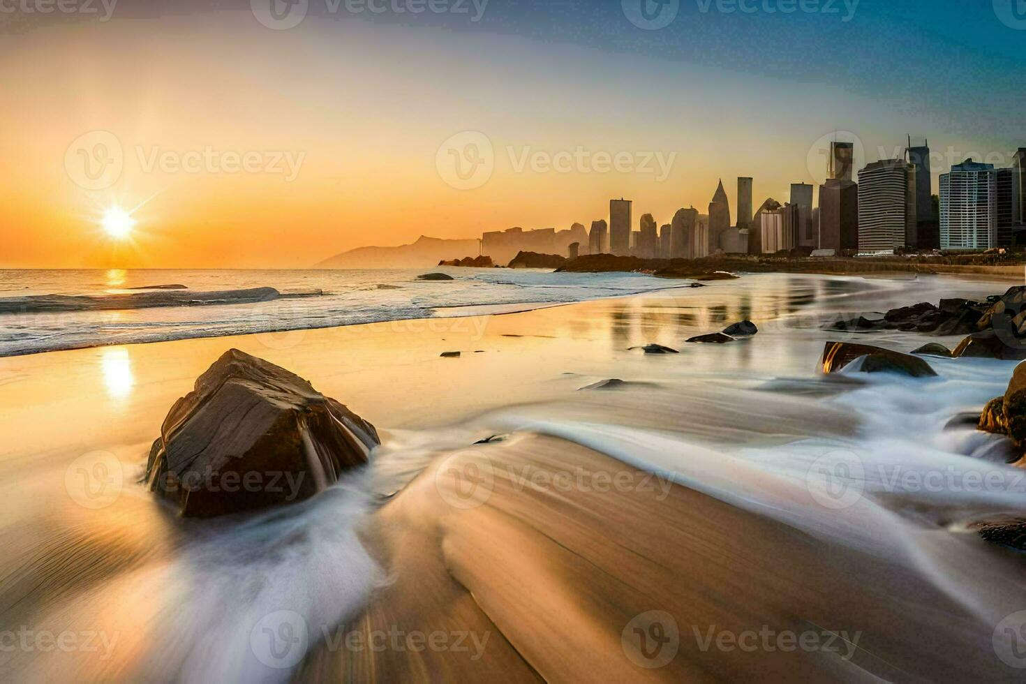 the sun rises over the city skyline in this photo. AI-Generated photo
