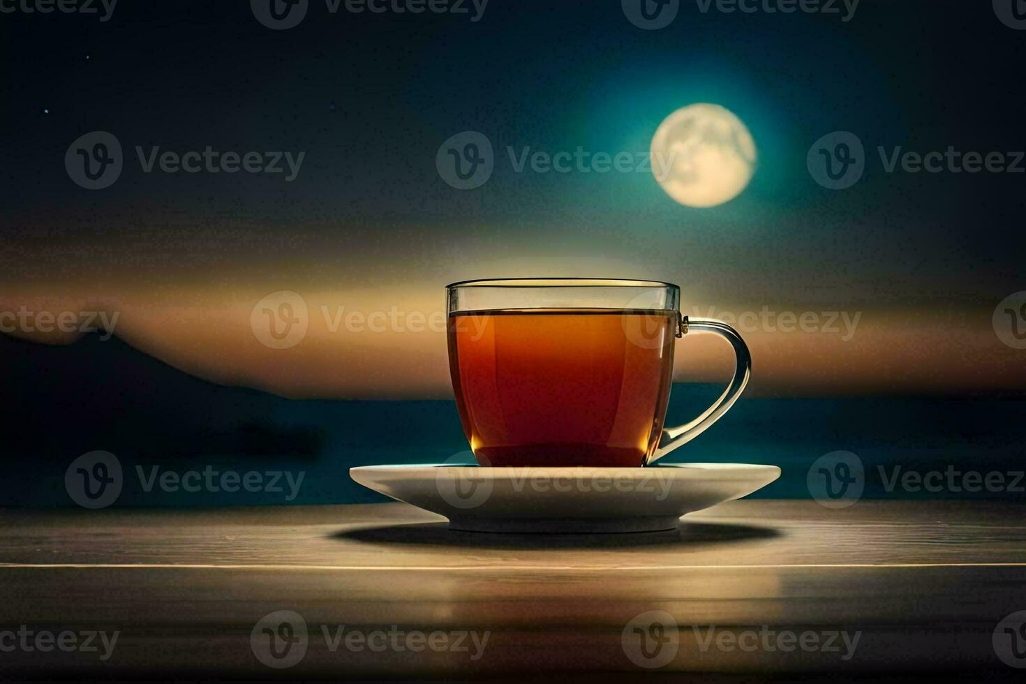 a cup of tea sits on a saucer in front of the moon. AI-Generated photo