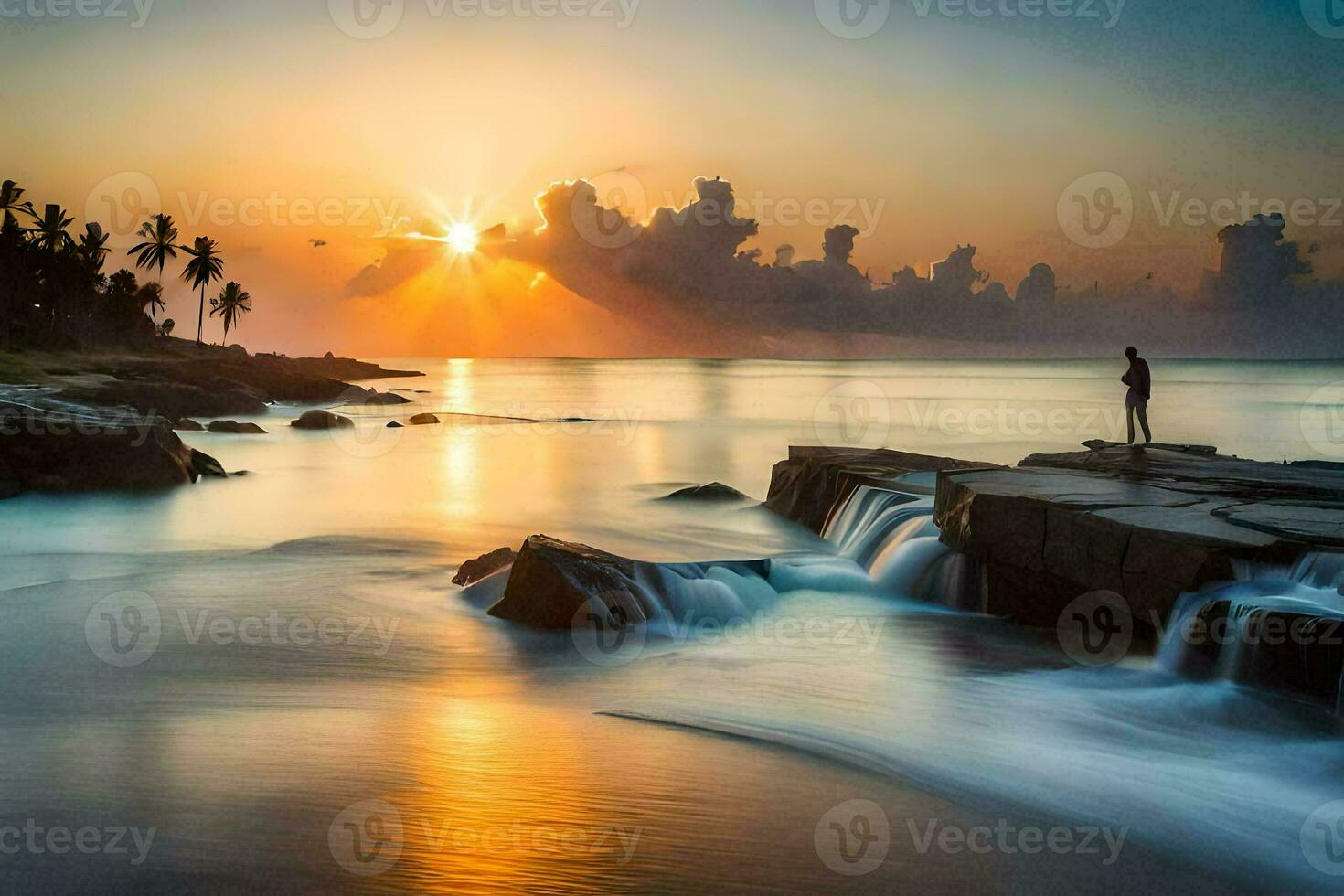 the man stands on the rocks at the edge of the ocean at sunset. AI-Generated photo